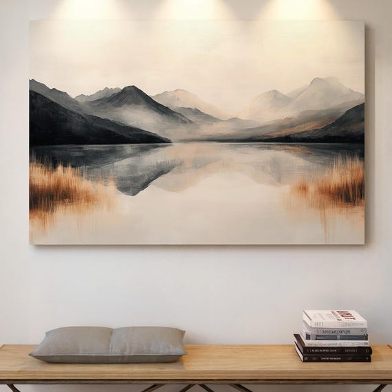 Minimalist Mountain Lake Canvas Neutral Landscape Wall Art Serene Nature Reflection Print Modern Calm Home Decor