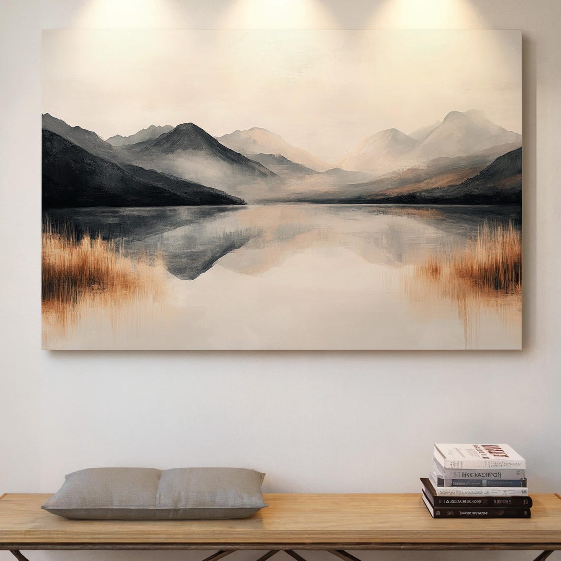 Minimalist Mountain Lake Reflection Neutral Landscape Art Poster