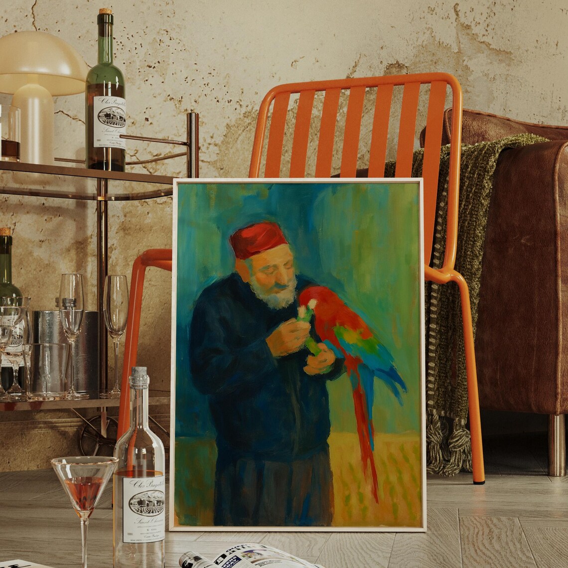 Elderly Man With Colorful Parrot Oil Painting Style Art Poster