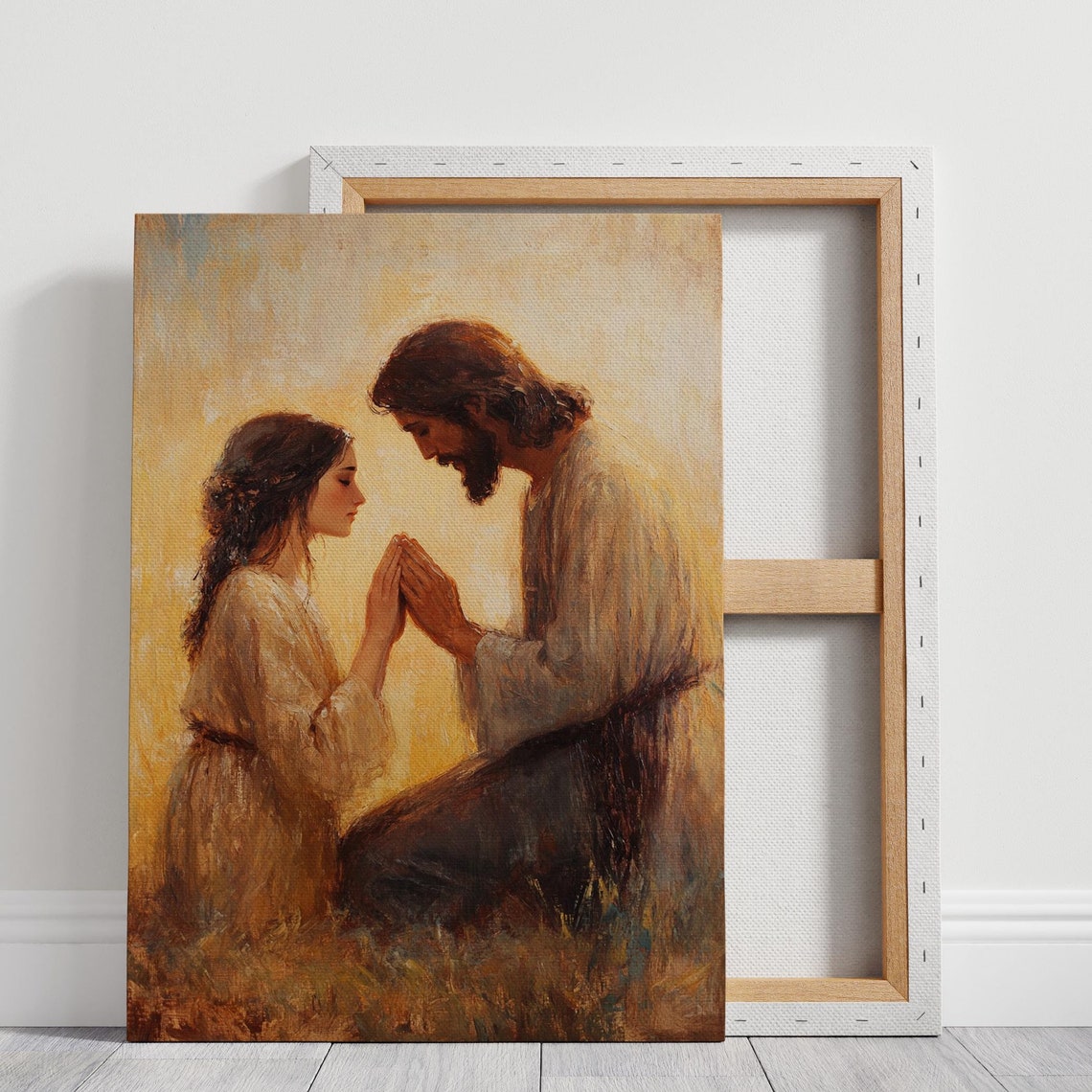 Jesus Praying With Kneeling Woman Warm Faith Christian Art Print
