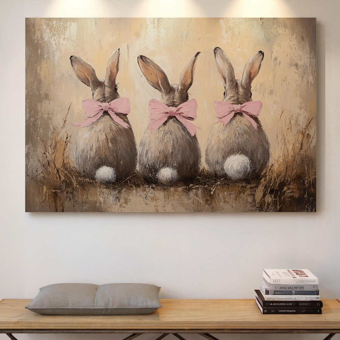 Three Bunnies With Pink Bows, Rustic Easter Art