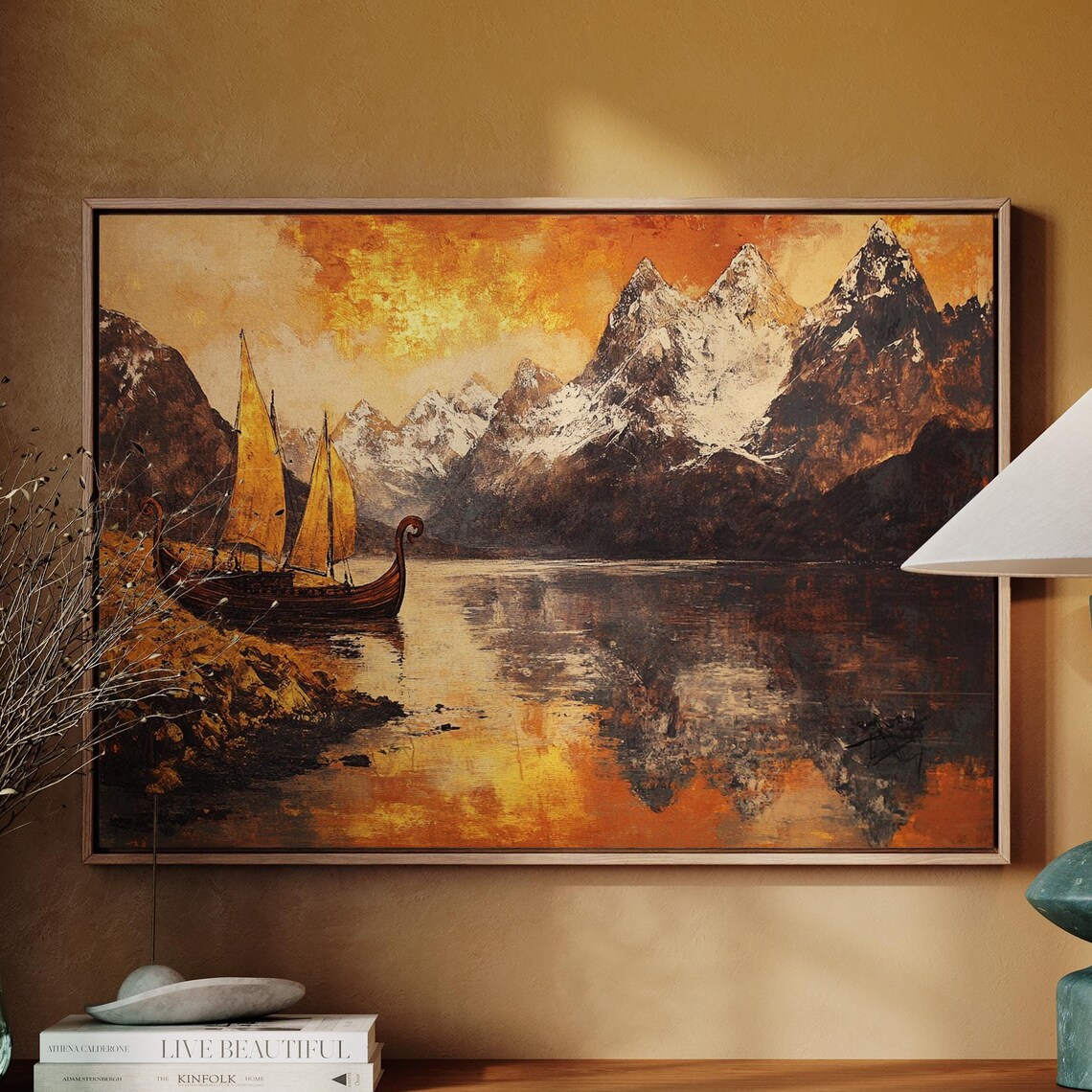 Golden Viking Longship, Scenic Mountain Lake Poster
