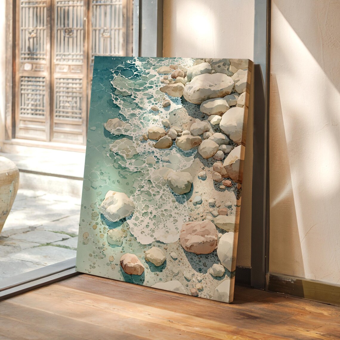 Calming Ocean Waves On Rocky Shoreline Watercolor Coastal Art Poster