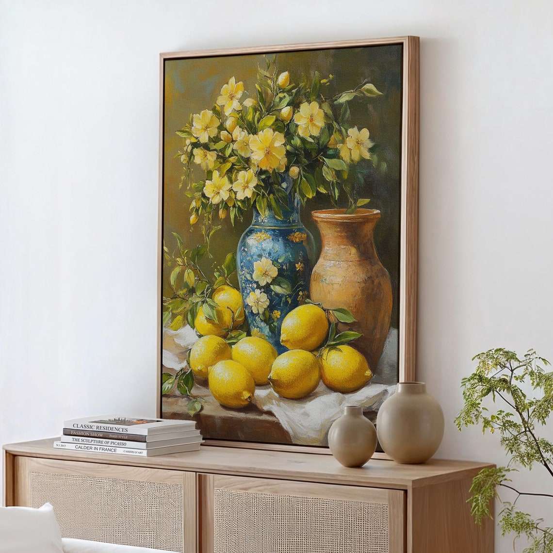 Rustic Still Life Lemons Yellow Florals Blue Vase Kitchen Art Poster