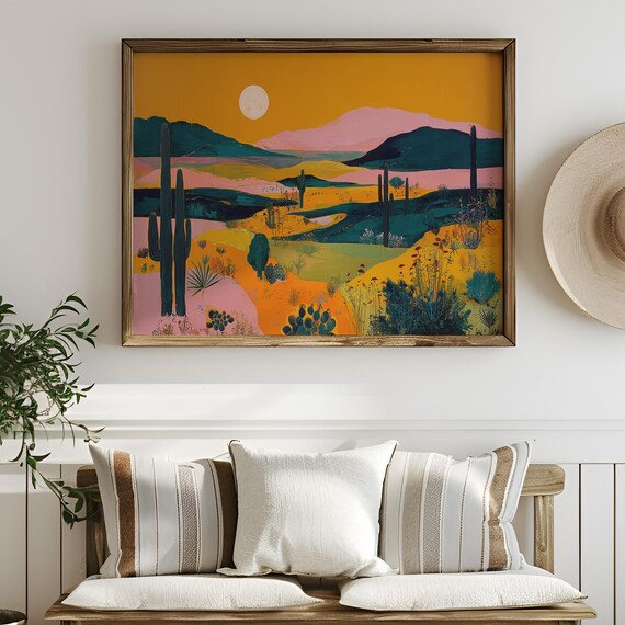 Vibrant Desert Landscape With Cactus Under Golden Moon