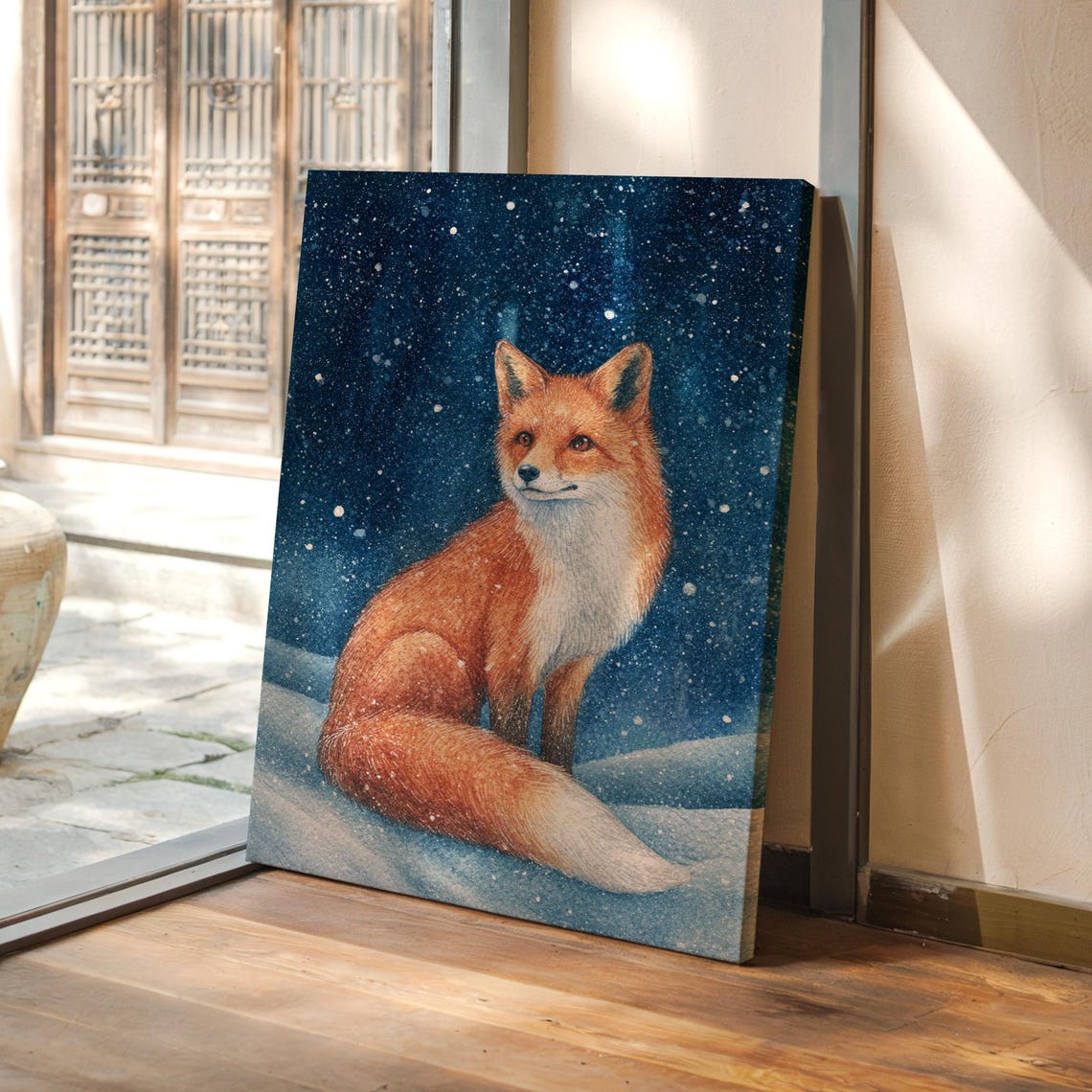 Red Fox In Snowy Night Sky
