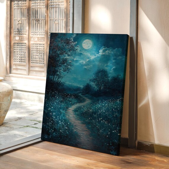 Moonlit Path Through Teal Night Forest Tranquil Landscape Art Poster