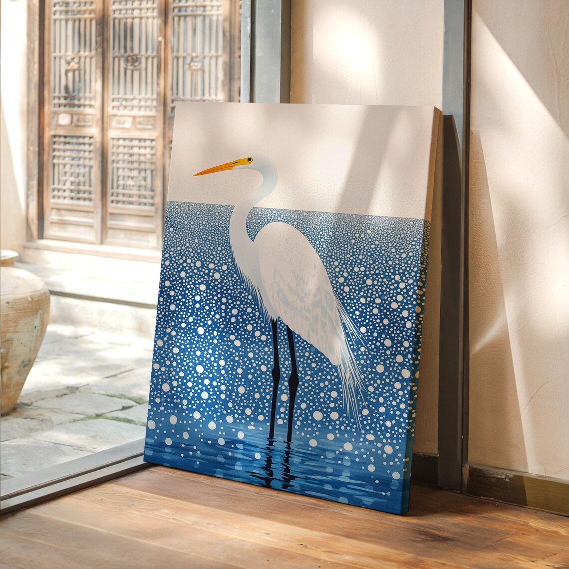 White Egret Standing in Sparkling Blue Water Bird Art Poster