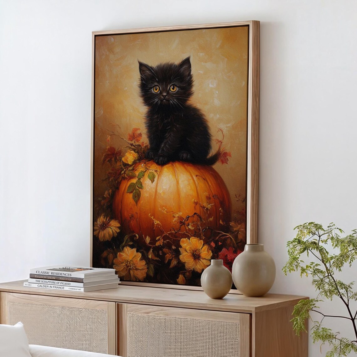 Black Kitten On Pumpkin Autumn Flowers Cute Fall Halloween Cat Poster