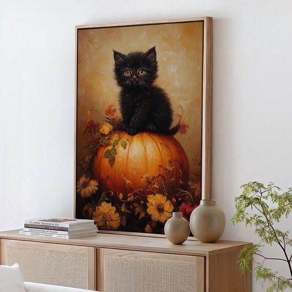 Black Kitten On Pumpkin Autumn Flowers Cute Fall Halloween Cat Poster