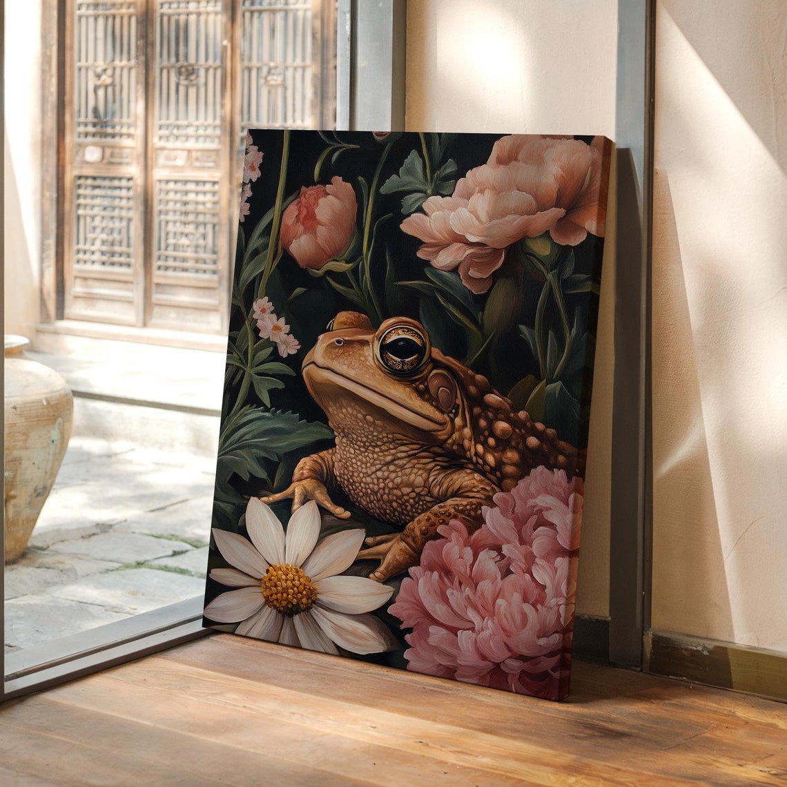 Whimsical Vintage Toad Among Pink Peonies Dark Botanical Poster