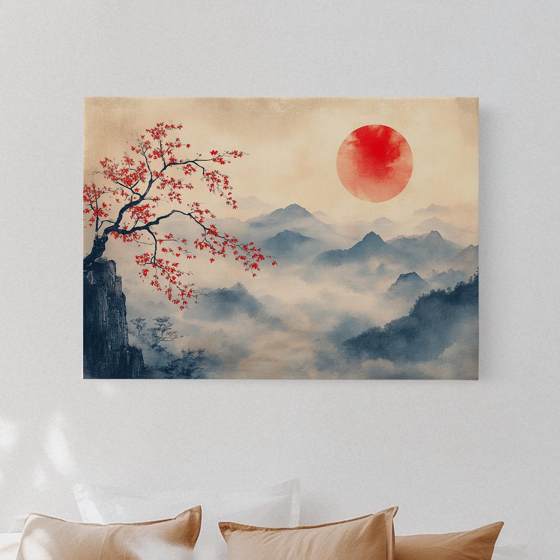 Japanese Red Maple Misty Mountains Rising Sun Ink Art Poster