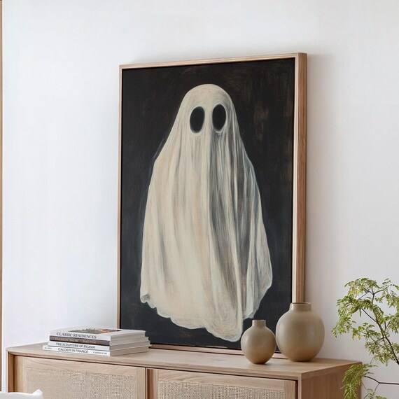 Vintage Ghost in Draped White Sheet Haunting Oil Painting Halloween Poster