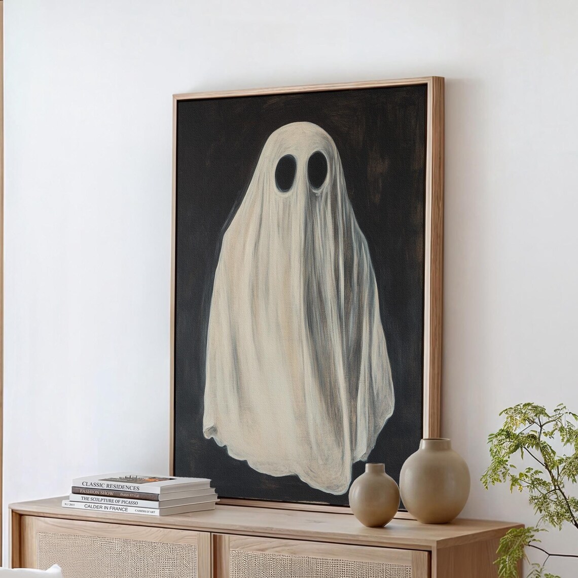 Vintage Ghost in Draped White Sheet Haunting Oil Painting Halloween Poster