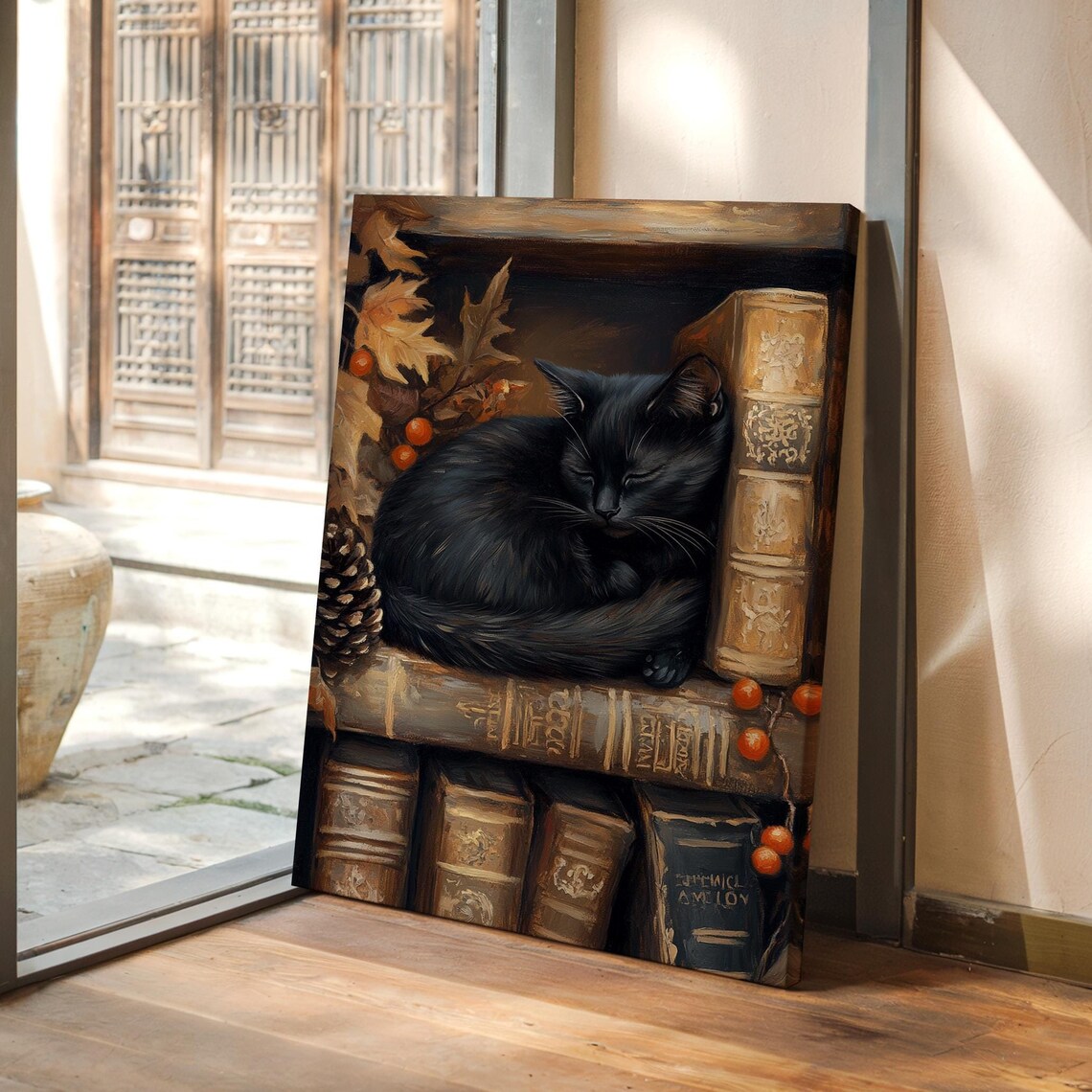 Black Cat Sleeping on Antique Books With Autumn Leaves Poster