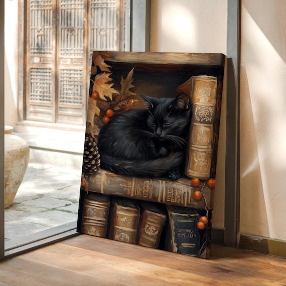 Black Cat Sleeping on Antique Books With Autumn Leaves Poster