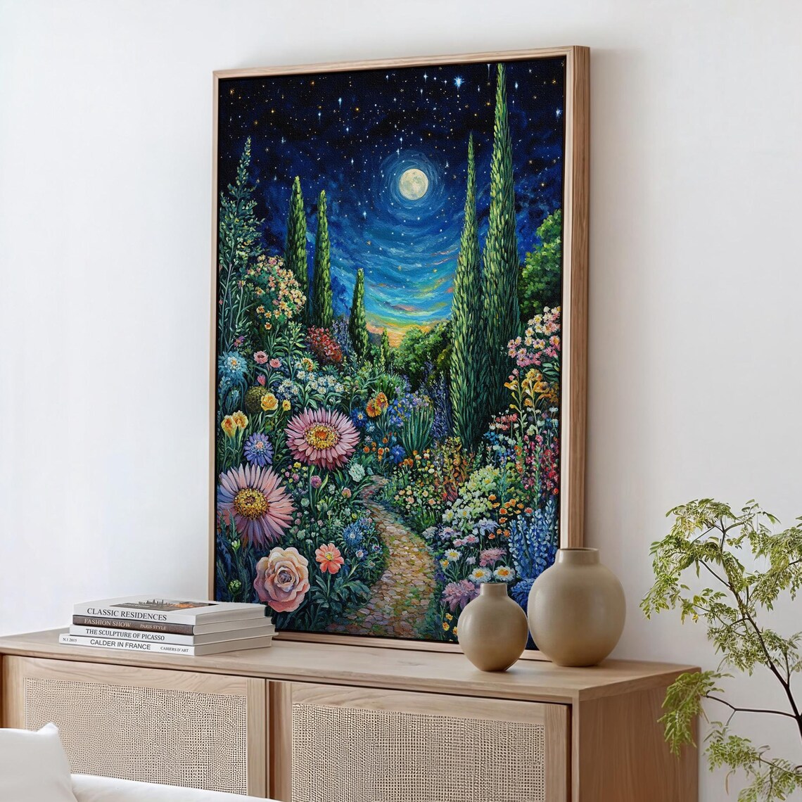 Moonlit Floral Garden Path, Starry Night Landscape