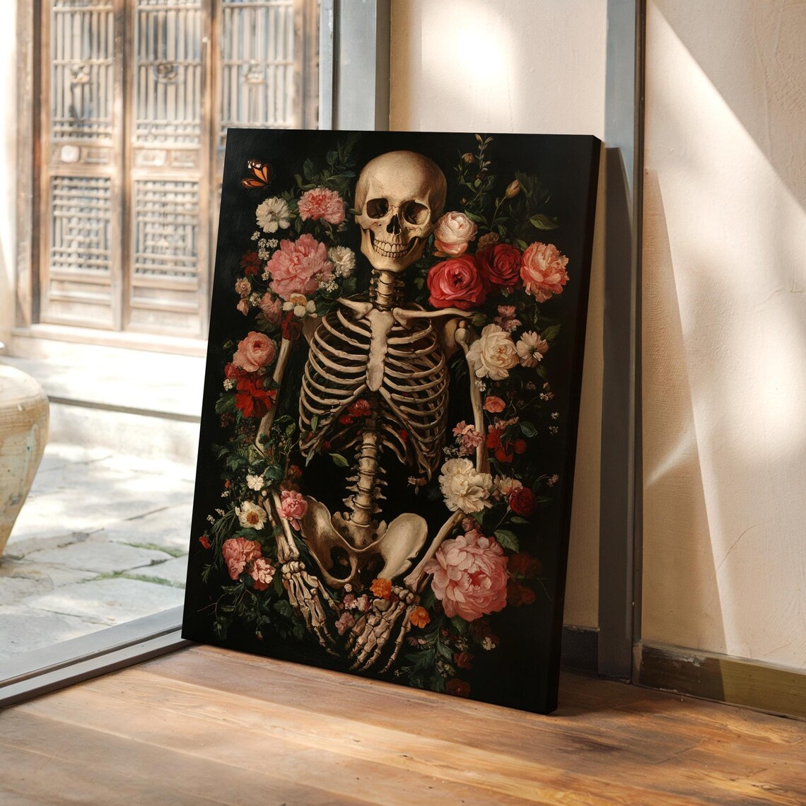 Romantic Skeleton With Red Roses Dark Floral Gothic Anatomy Art Poster