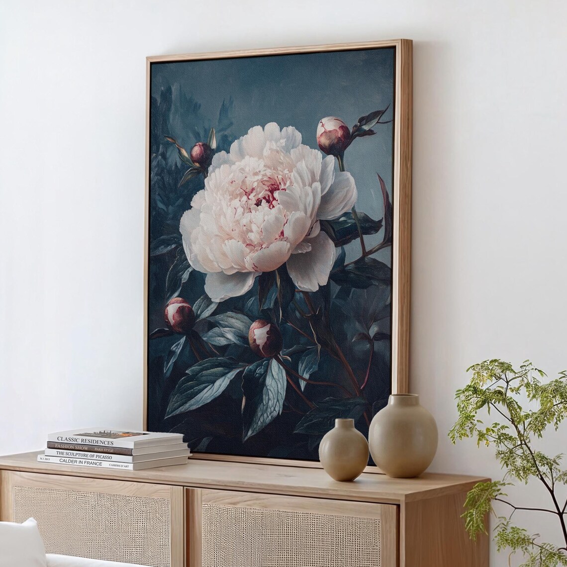Elegant White Peony Bloom Vintage Botanical Dark Blue Wall Art