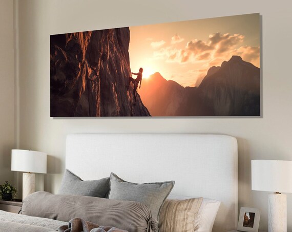 Rock Climber Sunset Cliff Silhouette Mountain Panoramic Sports Wall Poster