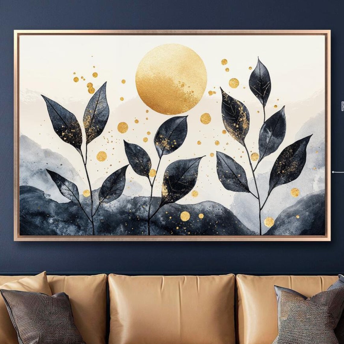 Elegant Black Stylized Leaves Gold Sun Botanical Abstract Art Print