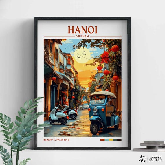 Hanoi Vietnam Retro Travel Print Wanderlust Posters Illustration Wall Art Framed Prints Canvas Poster