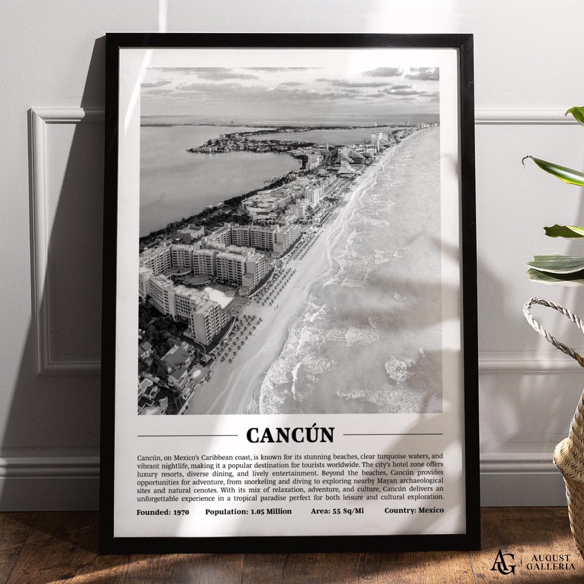 Cancun Beach Aerial View Black and White Mexico Travel Poster