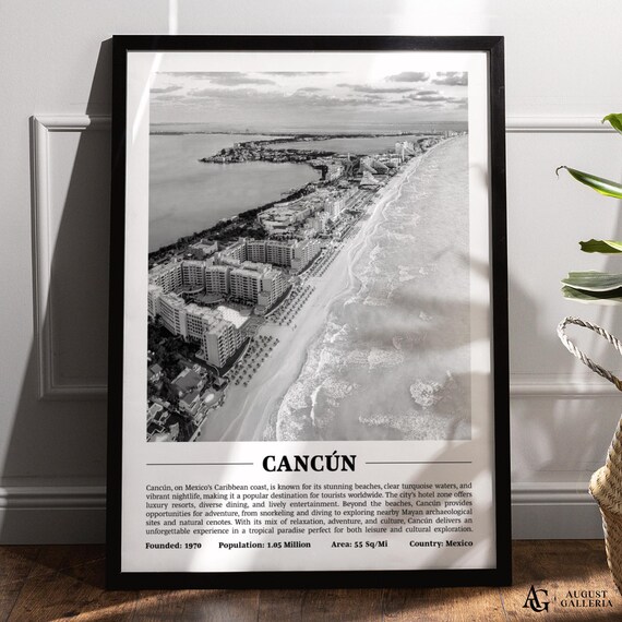 Cancun Beach Aerial View Black and White Mexico Travel Poster