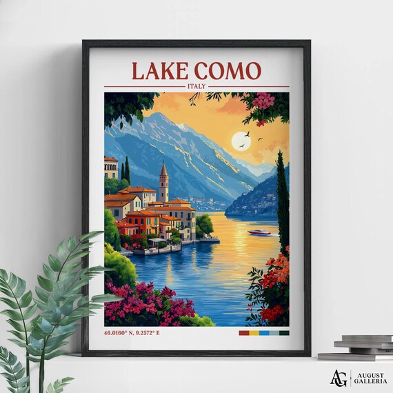 Lake Como Italy Retro Travel Poster Sunset Mountain Lakeside