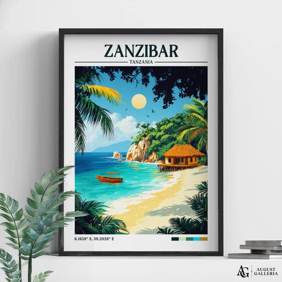 Zanzibar Retro Travel Print Wall Art Framed Canvas Poster Illustration Wanderlust