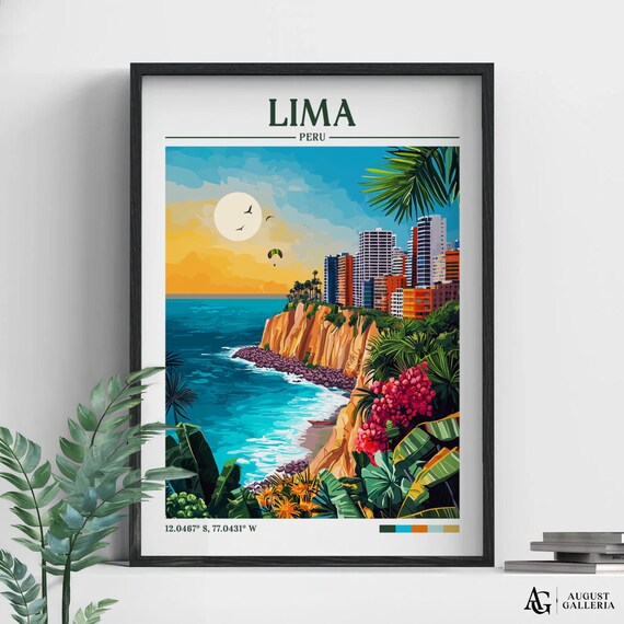Lima Peru Miraflores Cliffs at Sunset Pacific Coastline Travel Poster
