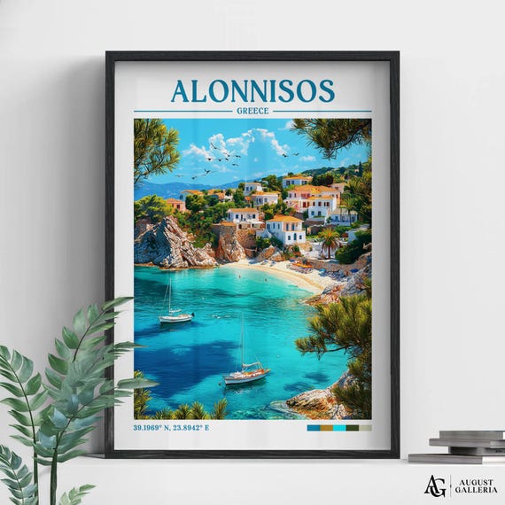 Alonissos Greece Retro Travel Print Wanderlust Posters Wall Art Framed Prints Canvas Poster