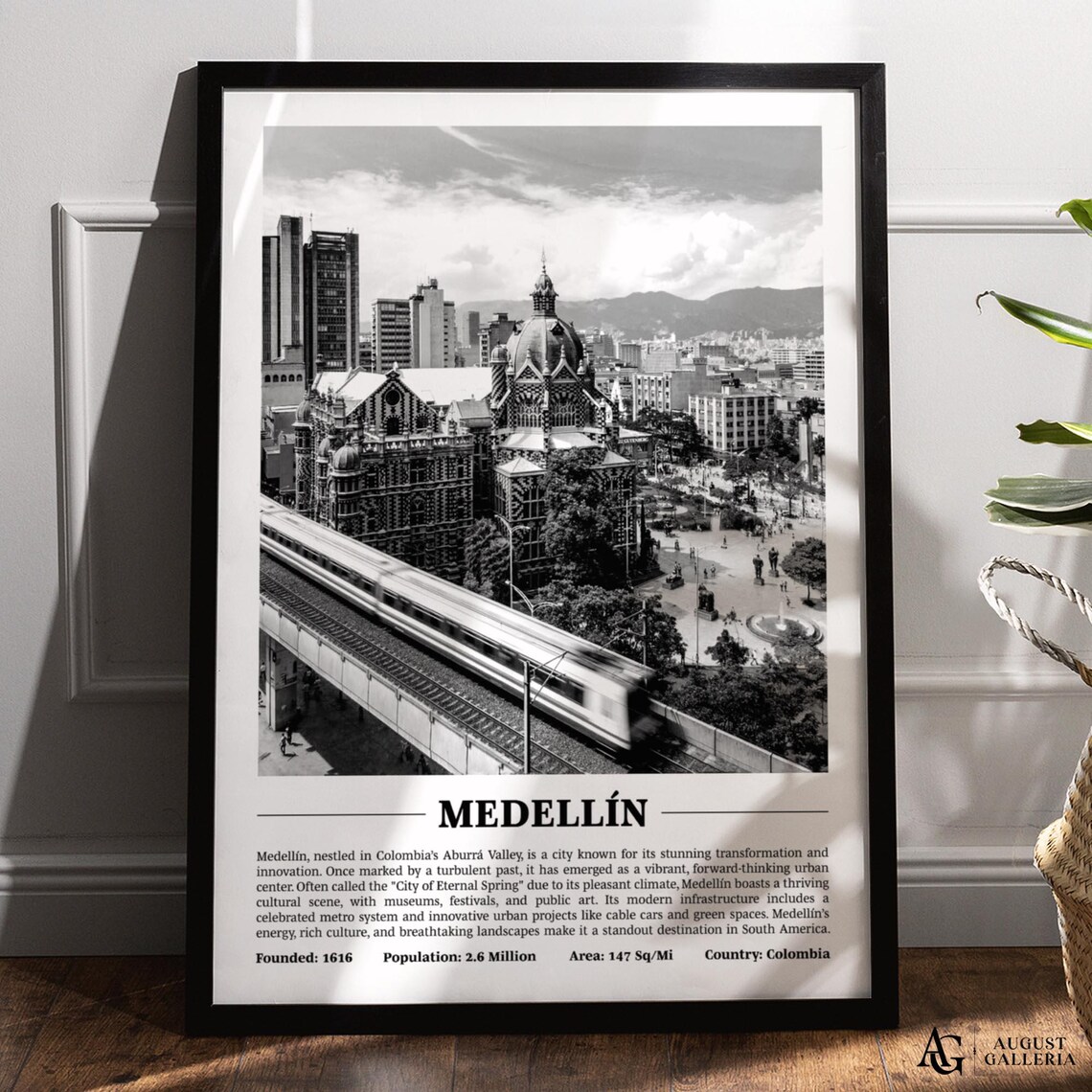 Medellin Black and White City Skyline Colombia Travel Poster