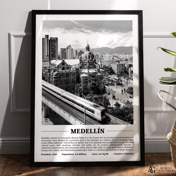 Medellin Black and White City Skyline Colombia Travel Poster