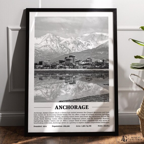Anchorage Alaska Black And White Skyline City Print With Key Facts