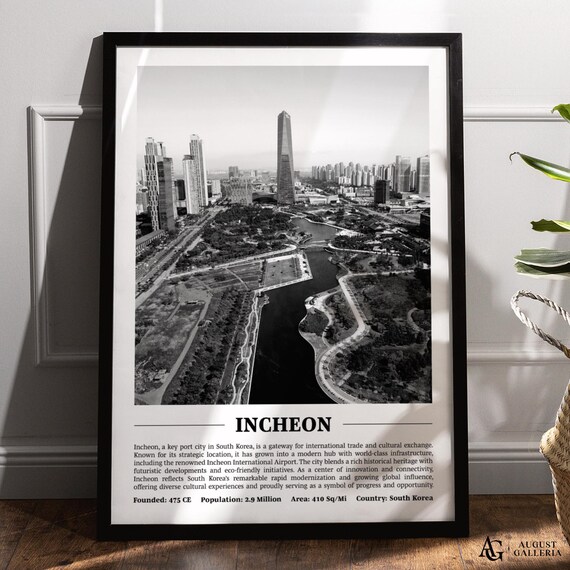 Incheon South Korea Aerial Black and White Modern City Poster