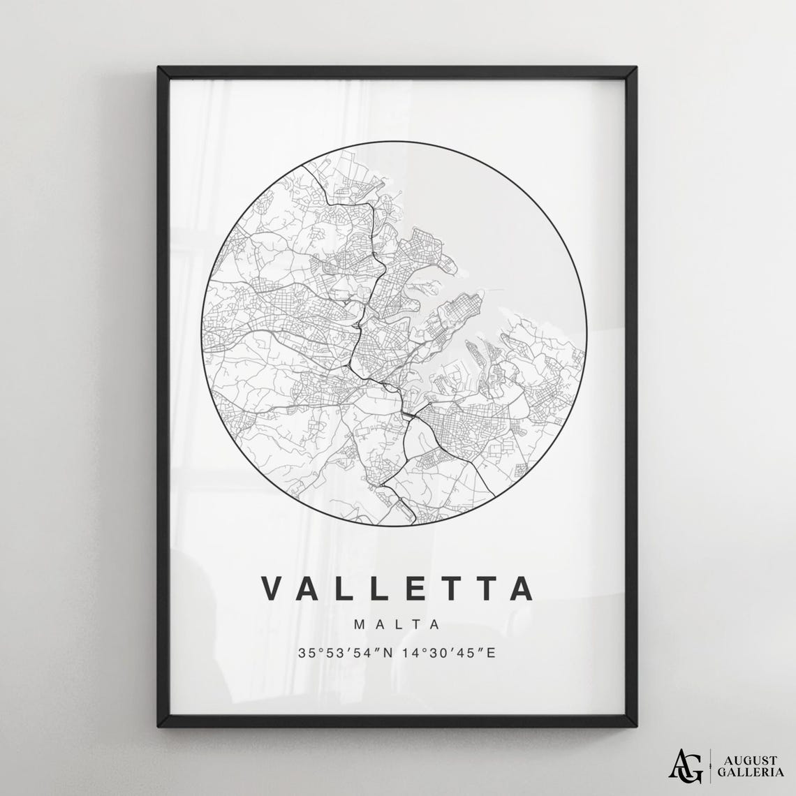 Valletta Malta Circular City Map Minimalist Black White Poster