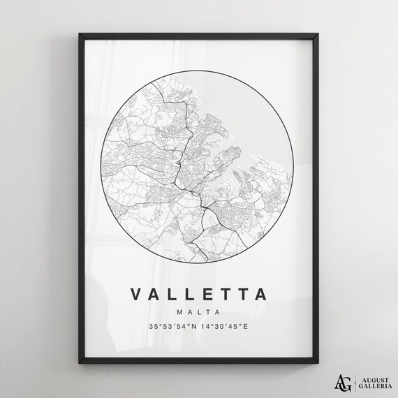 Valletta Malta Circular City Map Minimalist Black White Poster