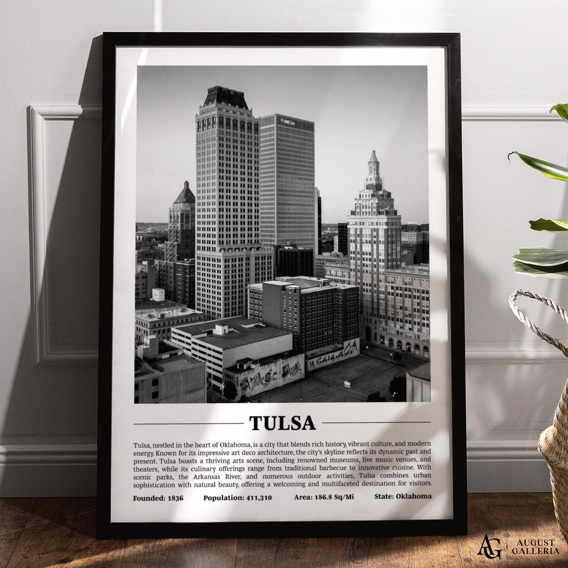 Tulsa Oklahoma Art Deco Skyline Black and White City Travel Poster
