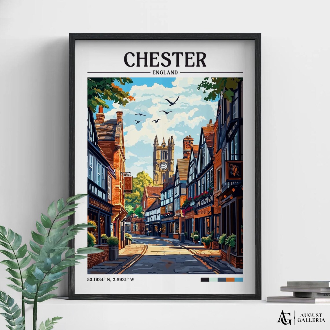 Chester England Historic Clock Tower Street Retro Travel Poster