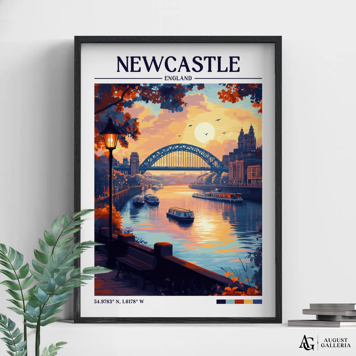 Newcastle England Tyne Bridge River Sunset Quayside Travel Poster