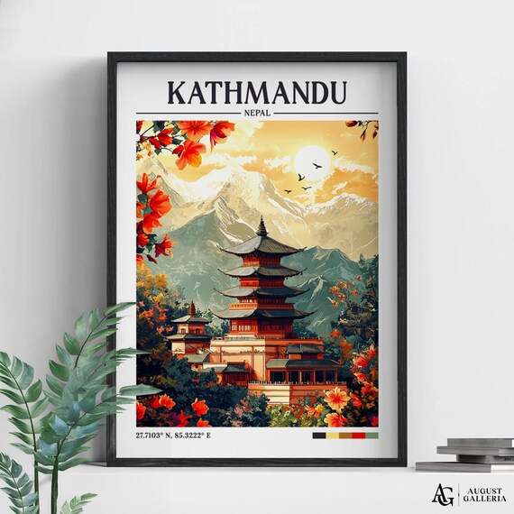 Kathmandu Nepal Sunset Temple Pagoda Mountain Retro Travel Poster