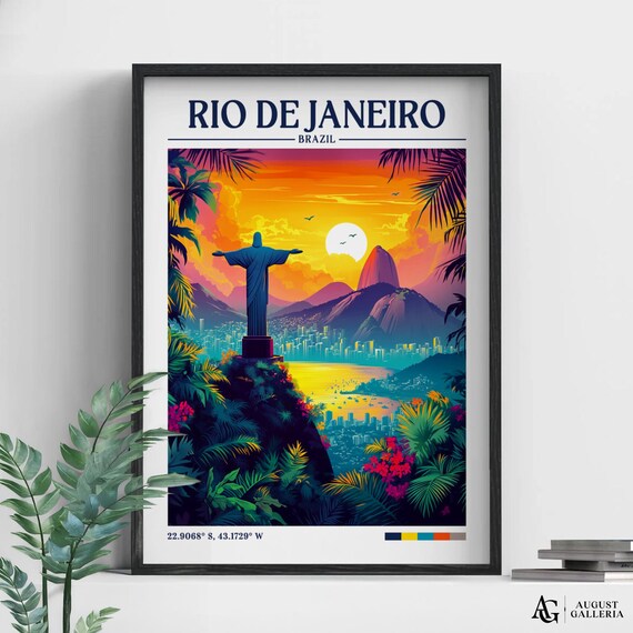 Rio De Janeiro Brazil Christ Redeemer Sunset Vintage Travel Art Poster