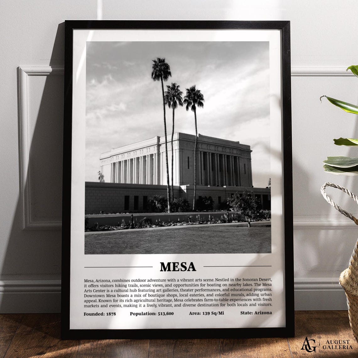 Mesa Black and White Temple Palm Trees Arizona Travel Poster
