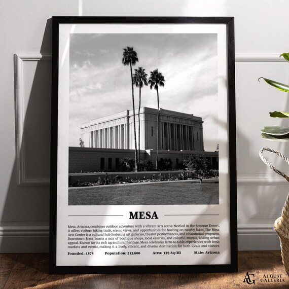 Mesa Black and White Temple Palm Trees Arizona Travel Poster