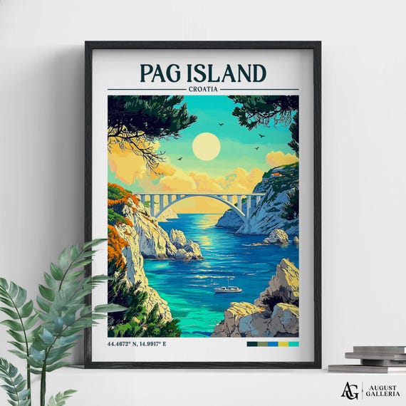 Pag Island Retro Travel Print Wall Art Framed Canvas Poster Illustration Wanderlust
