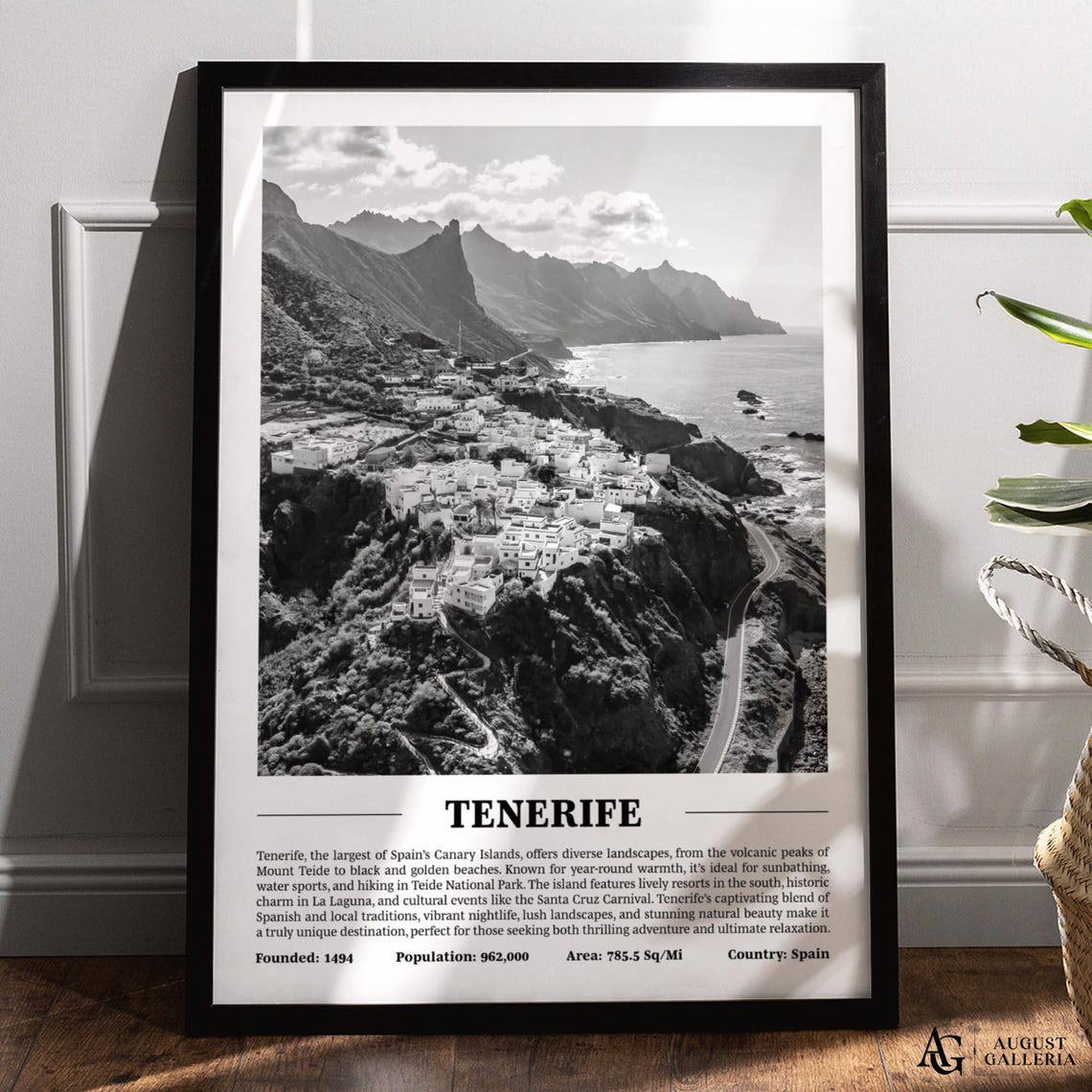 Tenerife Canary Islands Volcanic Coast Black and White Travel Poster