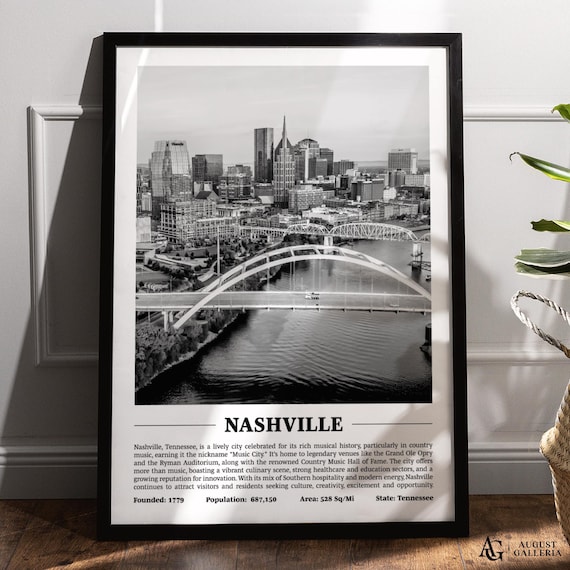 Nashville Tennessee Skyline With River Bridge Black And White Poster