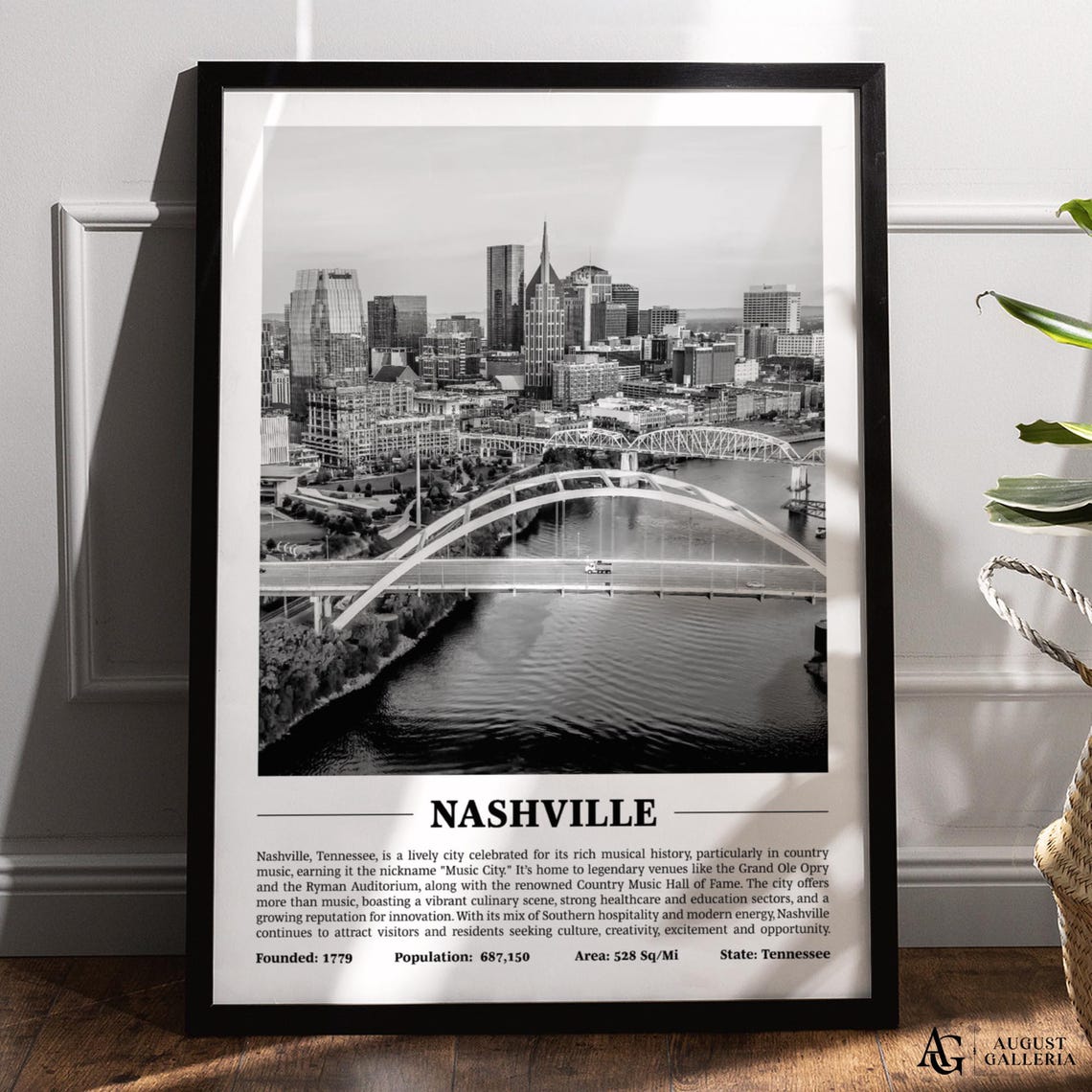 Nashville Tennessee Skyline With River Bridge Black And White Poster