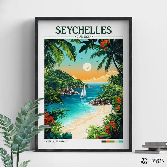 Seychelles Retro Travel Print Wall Art Framed Canvas Poster Illustration Wanderlust